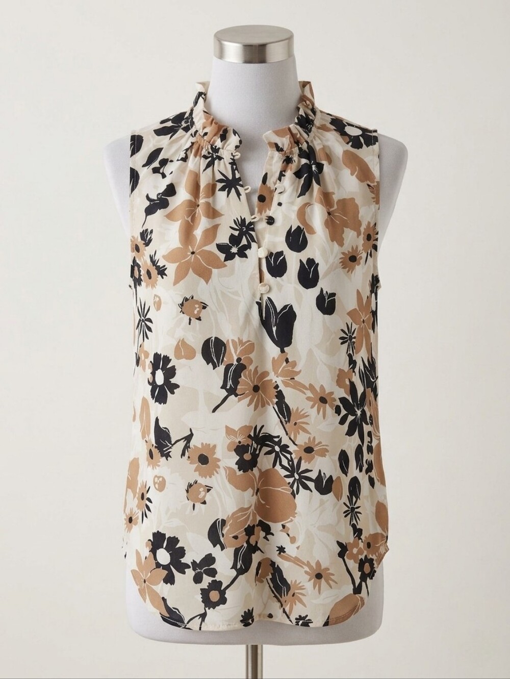 Ann Taylor NWT Floral Ruffle Mock Neck Sleeveless Blouse Top Tan XXS Petite